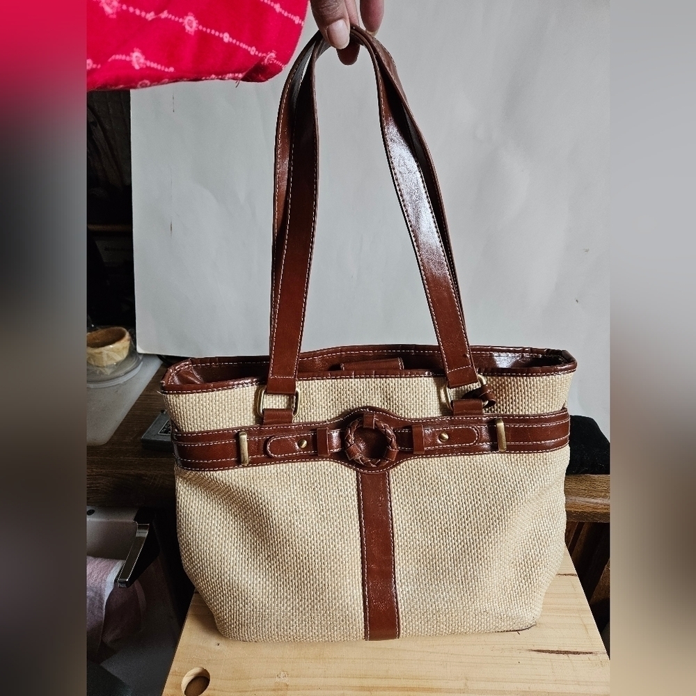 Vintage Carryland Woven Straw & Faux Leather Trim Satchel Bag